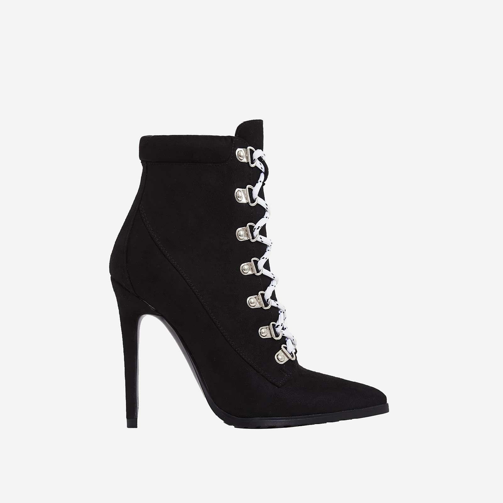 Black and White Lace Up Logo - Alisha Pointed White Lace Up Ankle Boot In Black Faux Suede | EGO