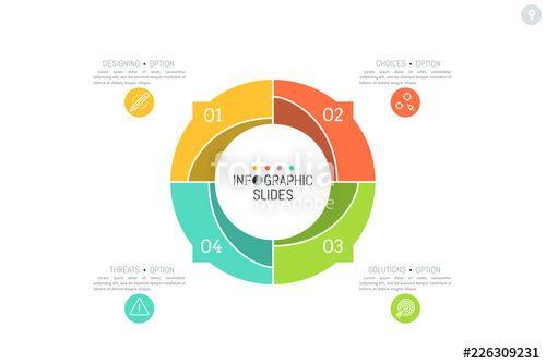 4 Arrows Pointing in Logo - Infographic design layout. Round diagram divided into 4 numbered ...