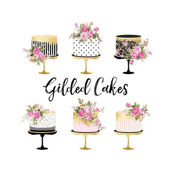 Gold Clip Art Logo - Valentine Cake Clipart, Gold Foil Cake Clipart, Shabby Chic Clipart