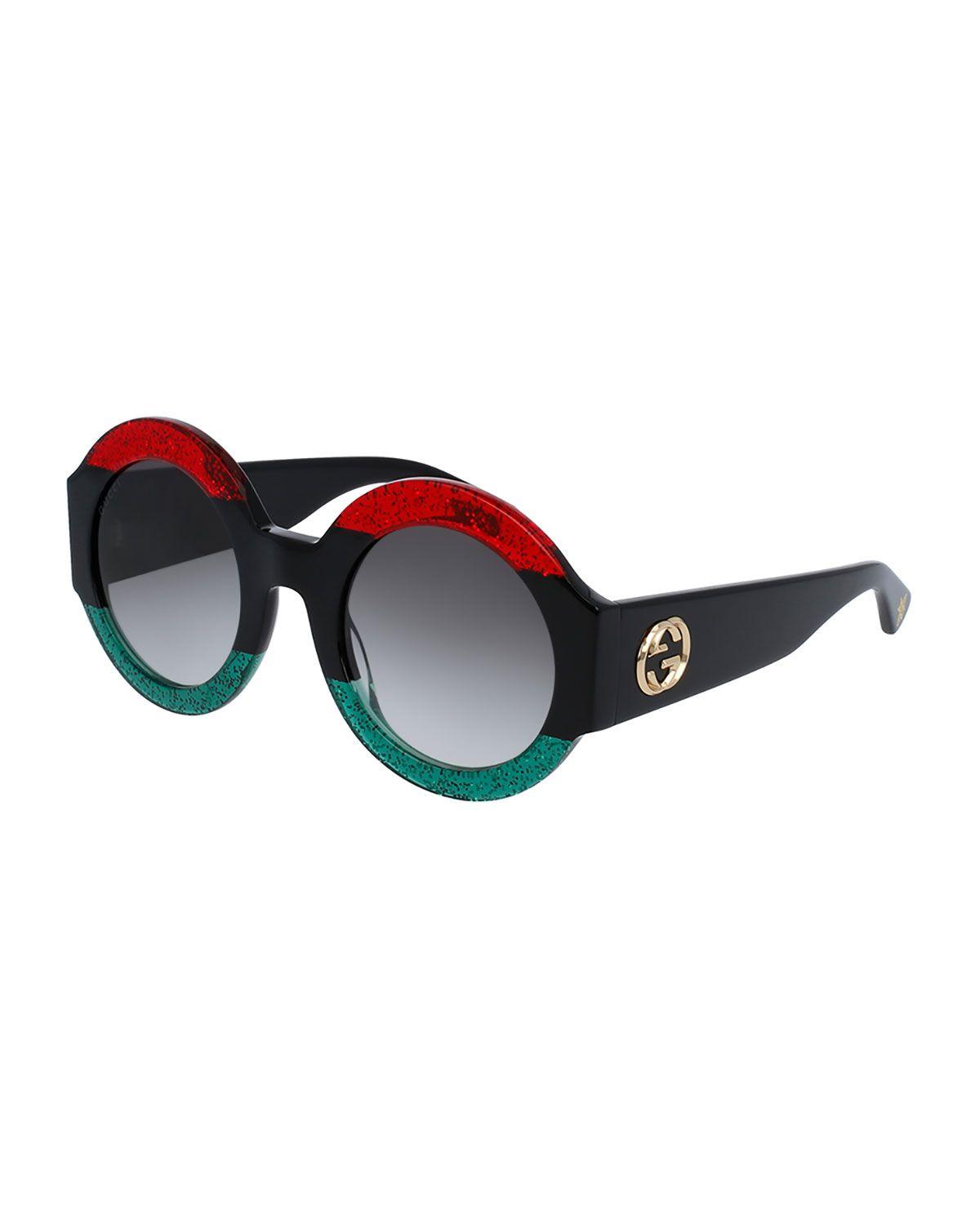 Red and Green Round Logo - Gucci Glittered Oversized Round Sunglasses, Red Green Black. Neiman