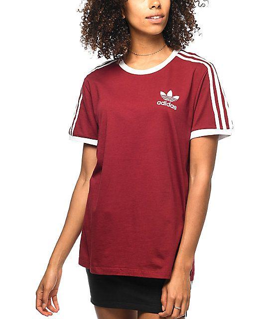 Burgundy with Red Stripe Logo - adidas 3 Stripe Burgundy T-Shirt | Zumiez