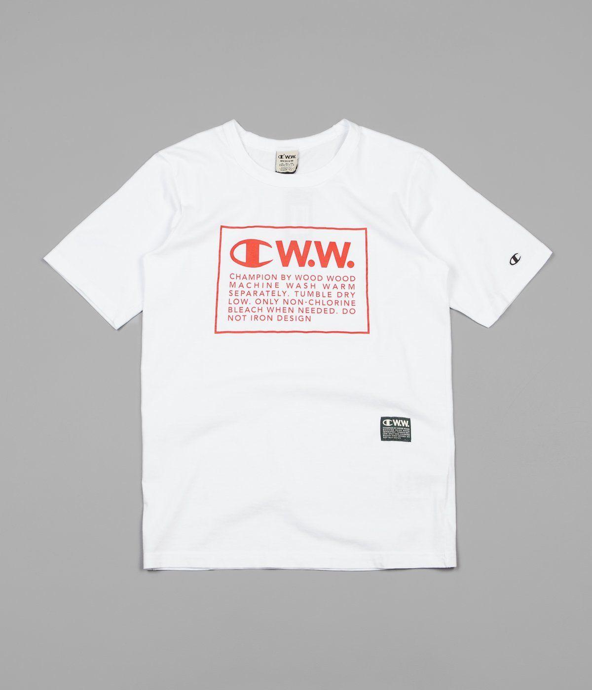 Red Box With White W Logo - Champion x Wood Wood Rick Box Logo T-Shirt - White / Red | Flatspot