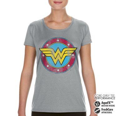 Girly Superhero Logo - Wonder Woman Distressed Logo Performance Girly Tee