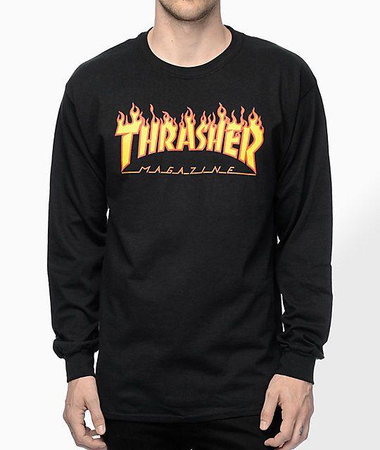 Long Flame Logo - Thrasher Flame Logo Black Long Sleeve T Shirt