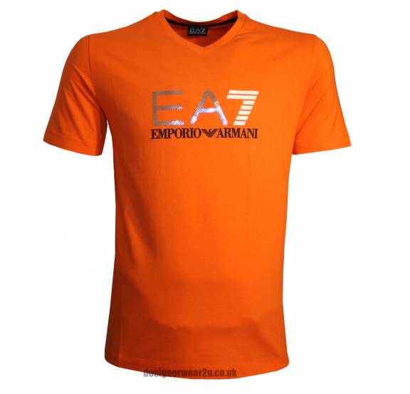 Orange V Logo - EA7 Orange V-Neck T-Shirt With Metallic Style Logo - Holiday Shop ...