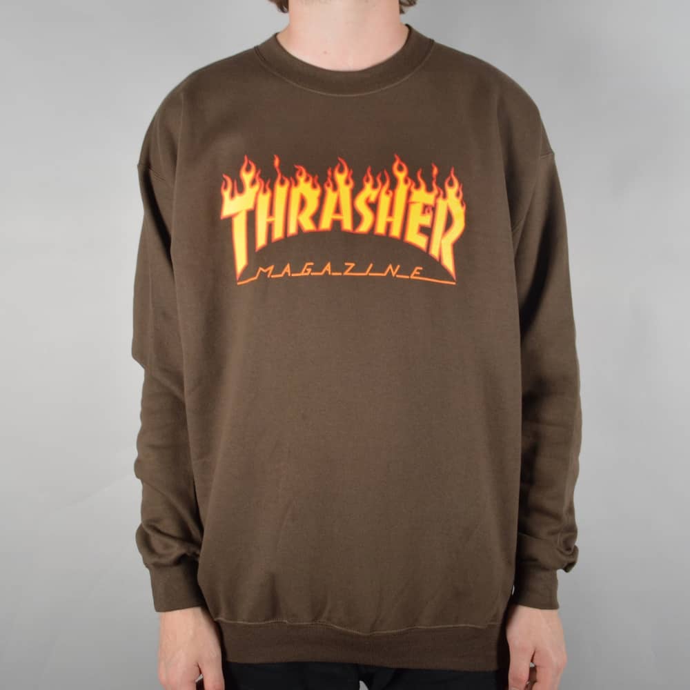 Long Flame Logo - Thrasher Flame Logo Crewneck Sweater - Brown - SKATE CLOTHING from ...