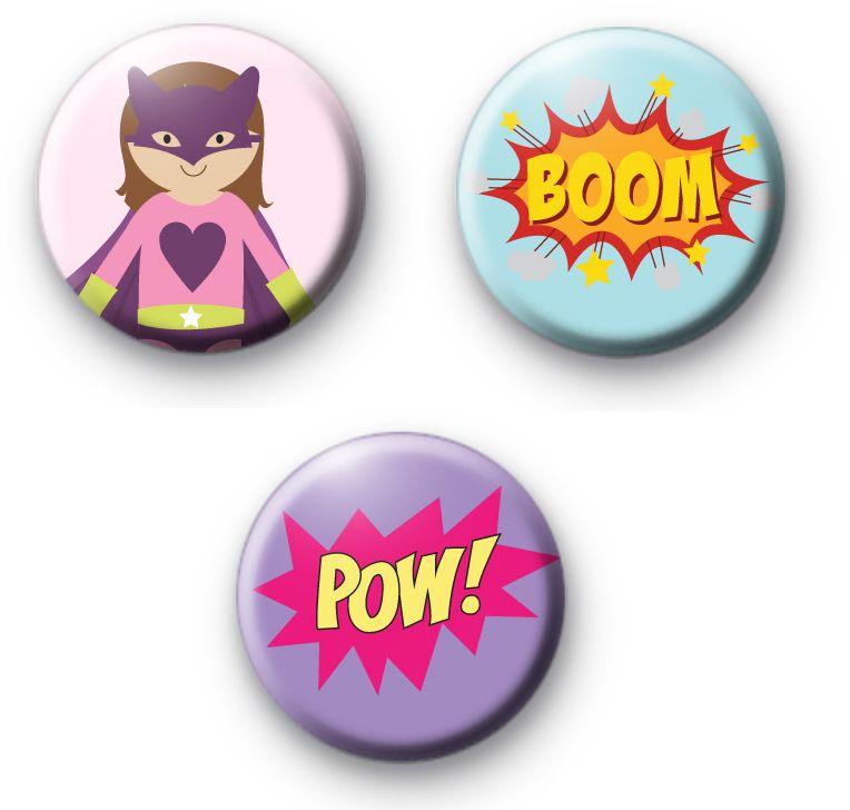 Girly Superhero Logo - Set of 3 Girl Superhero Pin Badges : Kool Badges