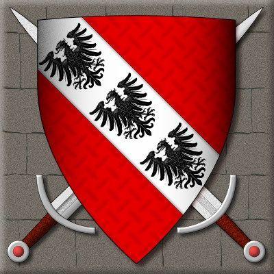 Silver and Red Shield Logo - Sotheron Arms: a red shield with three black eagles displayed on a ...
