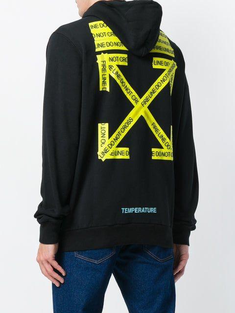 Off White Caution Logo - Off-White Zipped Fire Tape Hoodie - Farfetch