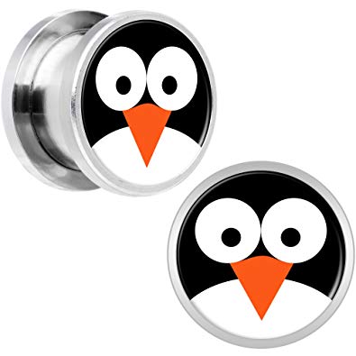 Orange Oval with Penguin Logo - Body Candy Stainless Steel Penguin Face Screw Fit Ear