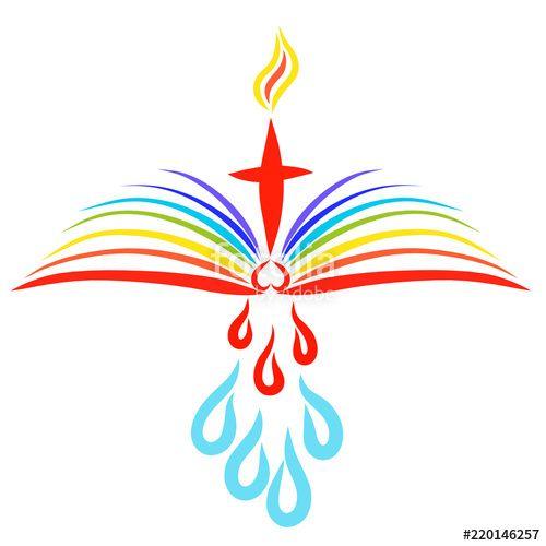 Cross and Rainbow Circle Logo - Cross with a flame above an open rainbow book, drops for healing ...