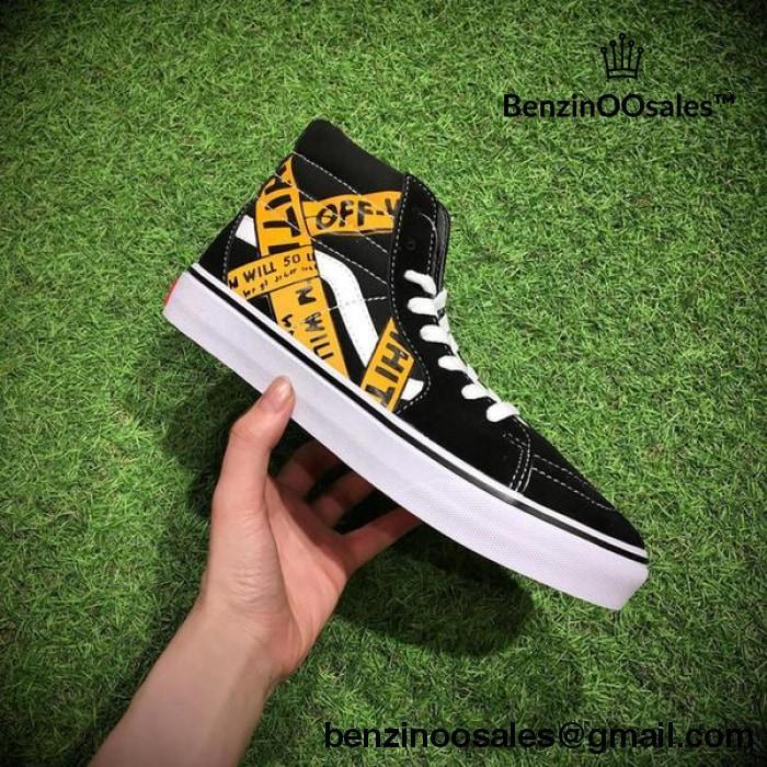 Off White Caution Logo - CUSTOM Hightop Vanz X off white caution tape sneakers – BenzinOOsales