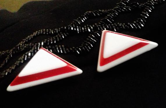 White Stripe with Red Triangle Logo - Vintage Retro 80s Earrings New Wave Space Age Atomic | Etsy