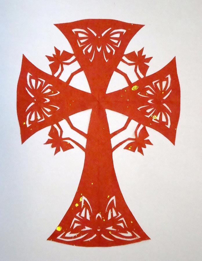 Butterfly with Cross Logo - Red Butterfly-cross Mixed Media by Tong Steinle