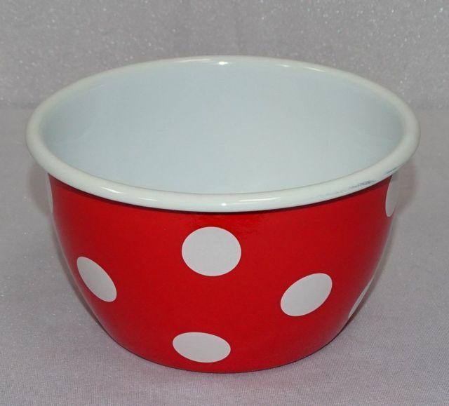 Red and White Bowl Logo - G1589 Enamel Dish Salat Bowl XL Cereal Bowl Spots Red White 15 Cm | eBay