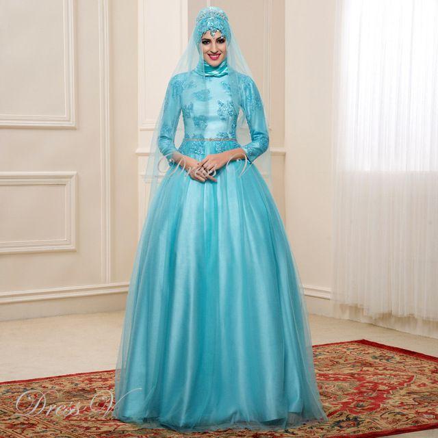 Light Blue Dubai Logo - Light Blue Ball Gown Muslim Wedding Dresses Hijab Lace 3 4