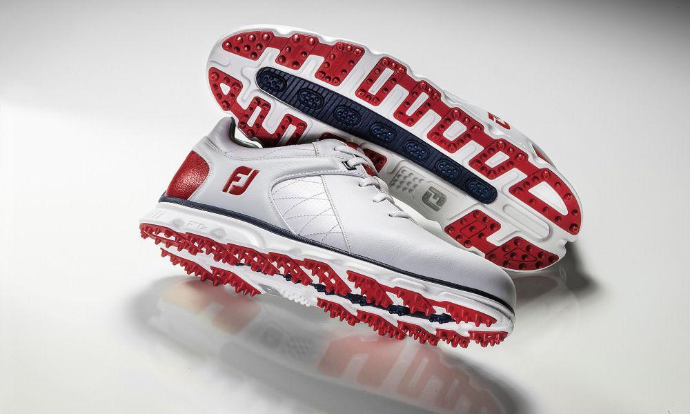 Blue and Red Golf Logo - FootJoy's Pro/SL golf shoe gets red, white and blue treatment