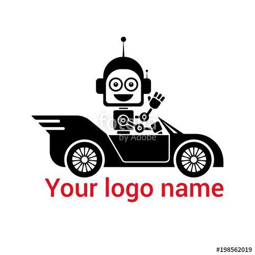 White Robot Logo - A robot seated by a car. Black-and-white robot riding in the car ...