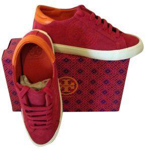 Poppy Shoes Logo - Tory Burch Pink Poppy Red Poppy New Sonia Split Suede Logo Sneaker