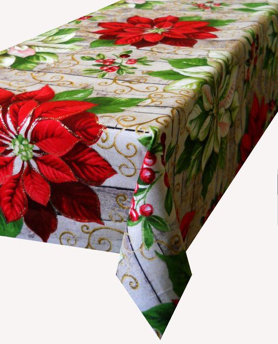 Red Rectangle White Oval Logo - Oblong Poinsettia Christmas Tablecloth Cloth table round