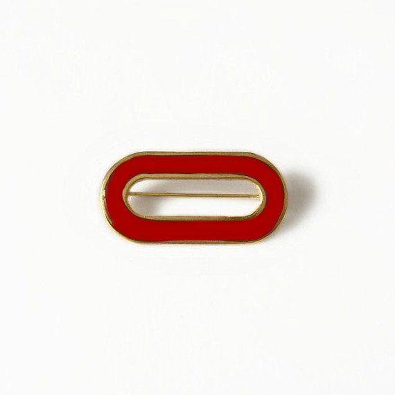 Oblong Red Logo - Vintage 1980's Art Deco Style Gold Red Hollow Oblong Oval