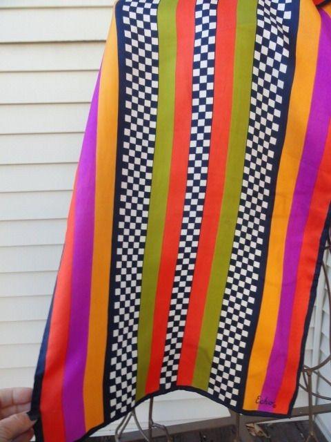 Colored Stripe Logo - Vintage 1970's Echo Multi Colored Striped Checked All Silk Scarf ...