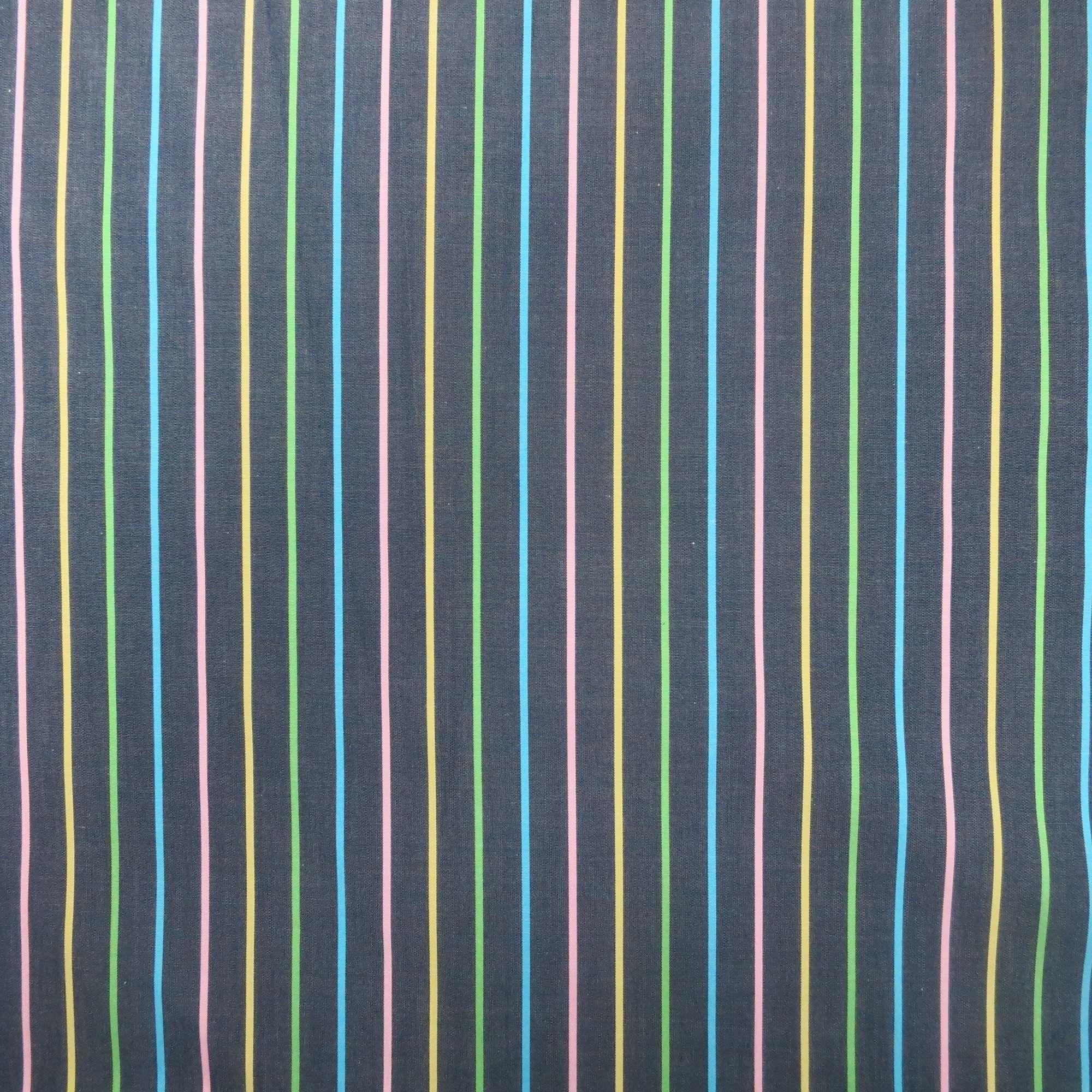 Colored Stripe Logo - Dark Blue Pastel Multi Colored Striped 100% Fine Cotton Fabric