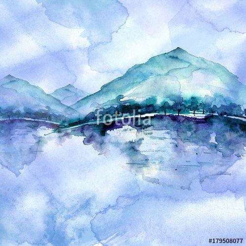 Mountain Reflection Logo - Watercolor drawing with a mountain landscape, a river, a forest and ...