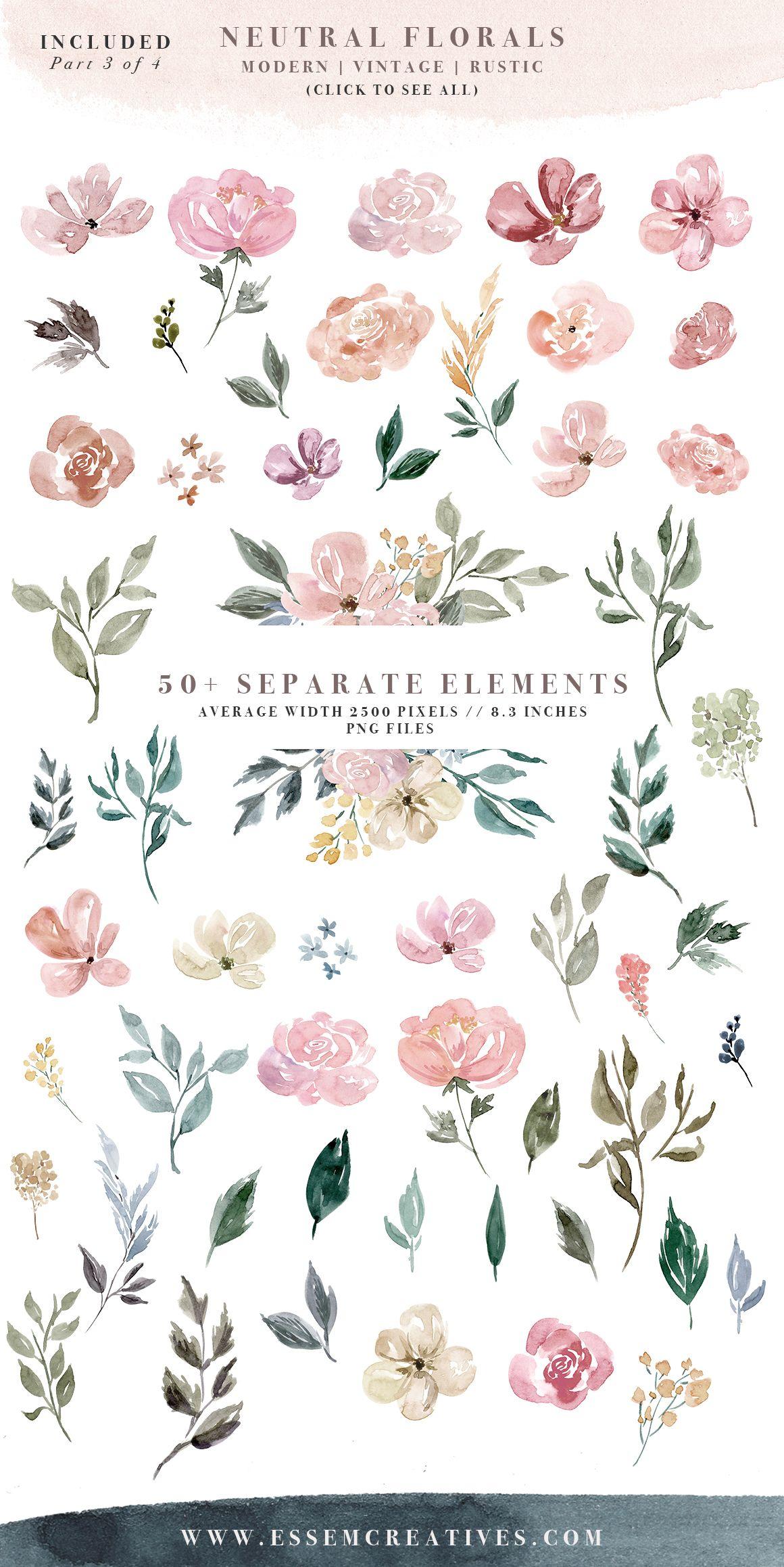 Flower Frames Rustic Logo - Neutral Watercolor Flowers Clipart, Floral Borders & Frames for Wedding