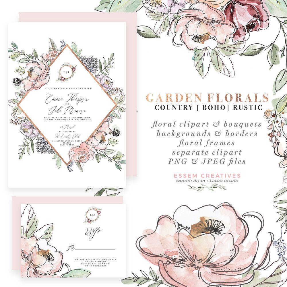 Flower Frames Rustic Logo - Garden Floral Watercolor Invitation Borders Papers Clipart - Essem ...