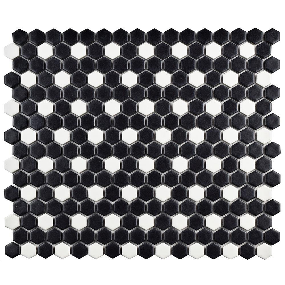 Black and White Hex Logo - Merola Tile Metro Mini Hex Matte Black With White Dot 11 1 2 In. X