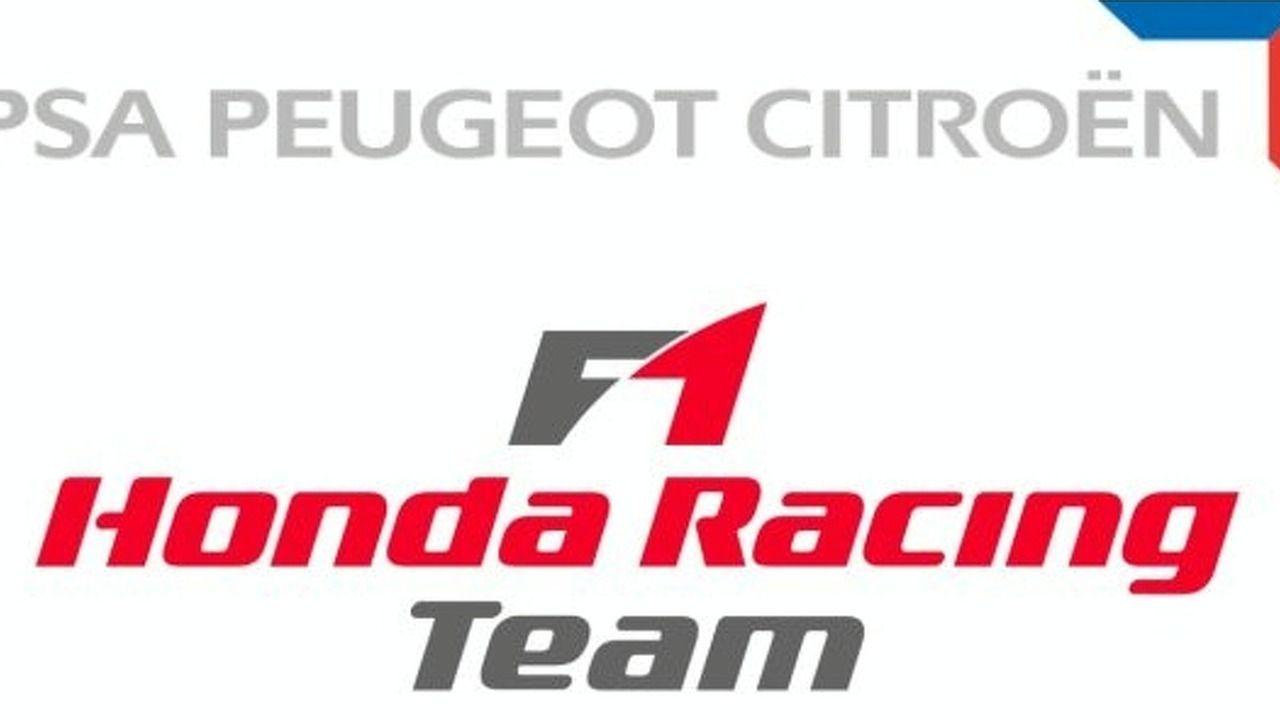 Honda F1 Logo - Honda F1 and PSA Peugeot Citroen logos. Motor1.com Photo