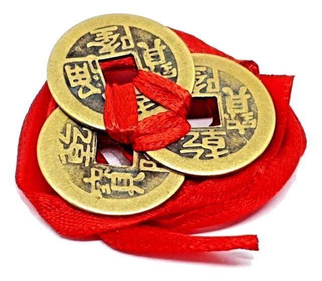 Chinese Luck Logo - Feng Shui Lucky Chinese I Ching Coins Set of 3 Tied 23mm Red Ribbon ...