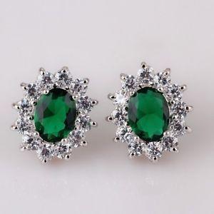 White and Green Oval Logo - Classic Green Oval Stone Cubic Zirconia White Gold Plated Stud