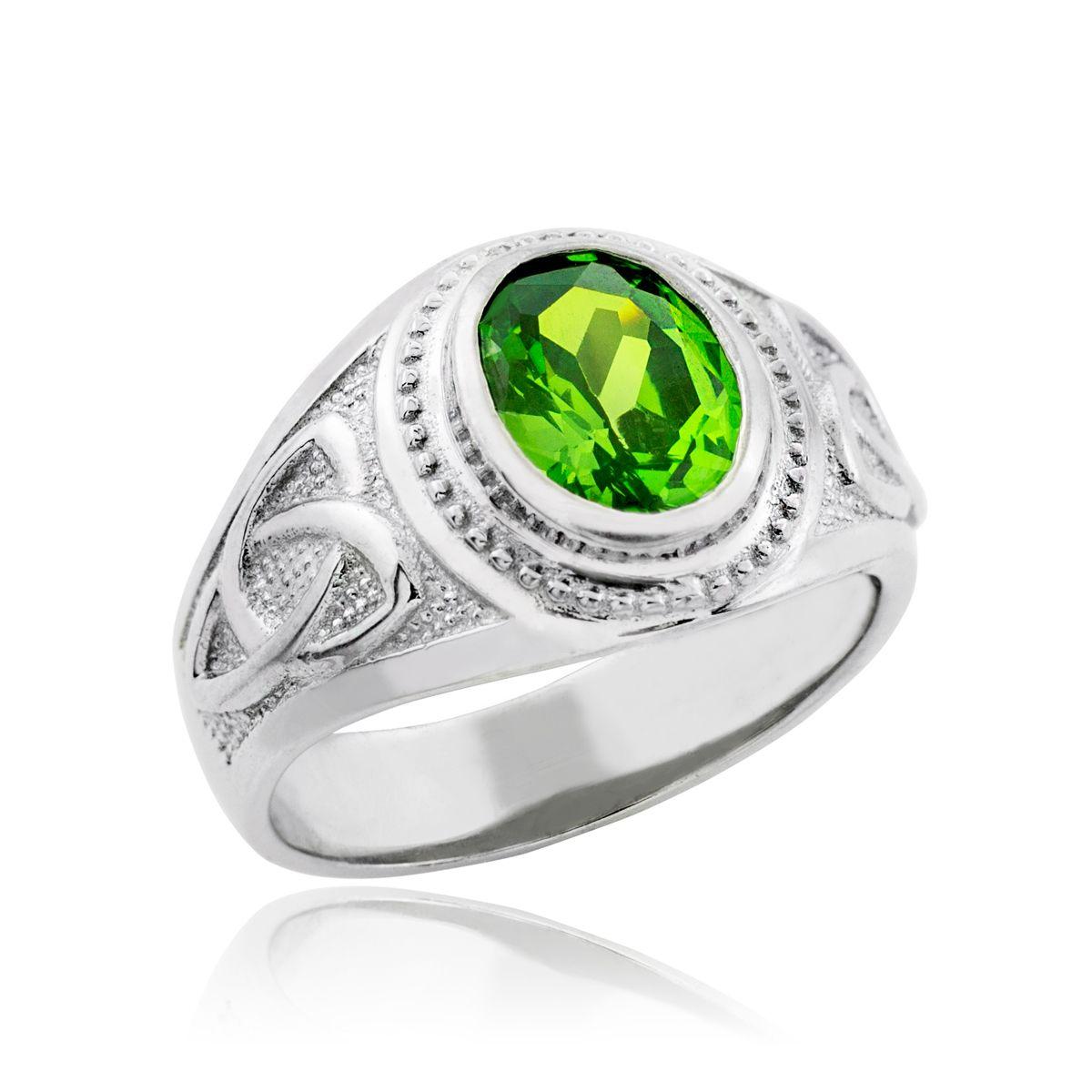 White and Green Oval Logo - White Gold Celtic Emerald Green Oval CZ Men's Ring