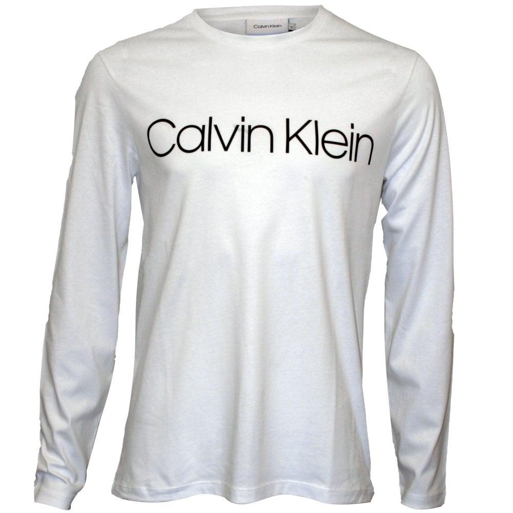 Perfect White Logo - Calvin Klein Long-Sleeve Logo Crew-Neck T-Shirt, White | UnderU