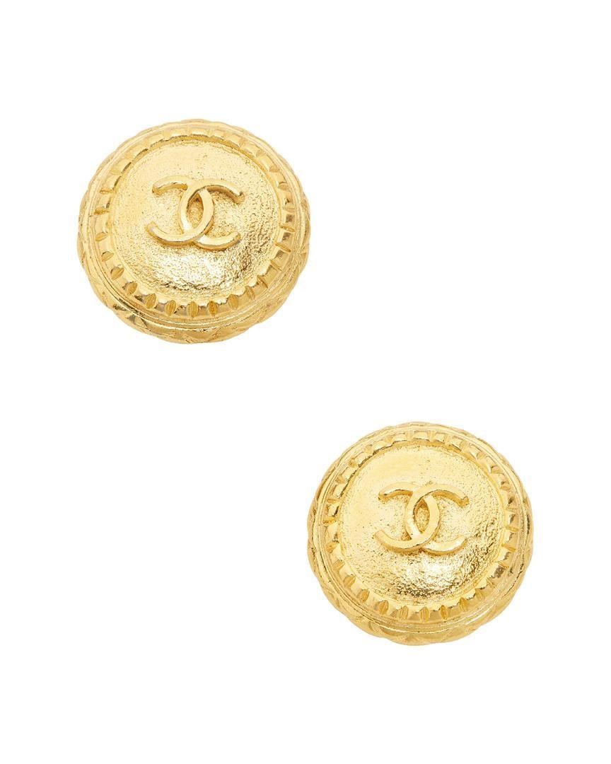 Round Shield Logo - Chanel Vintage Double C Logo Round Shield Earrings in Metallic