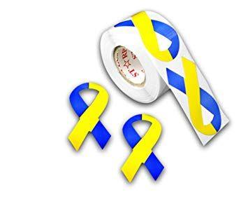Blue and Yellow Ribbon Logo - Large Blue & Yellow Ribbon Stickers - (1 roll)
