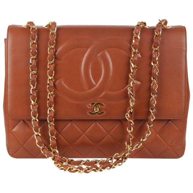 Brown Chanel Logo - Chanel Vintage Brown Quilted Leather Jumbo Shoulder Bag with CC Logo