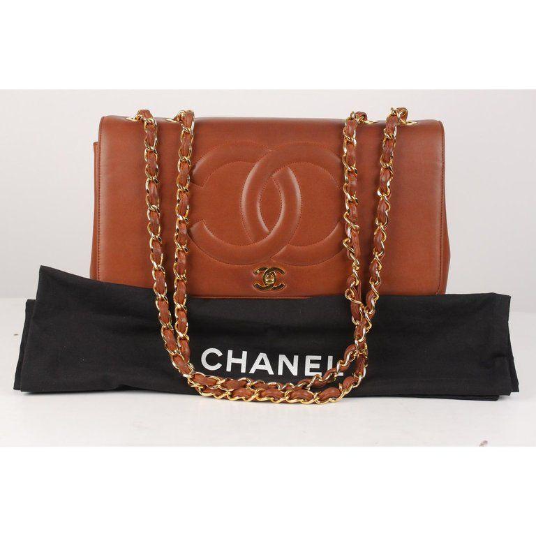 Brown Chanel Logo - Chanel Vintage Brown Quilted Leather Jumbo Shoulder Bag with CC Logo