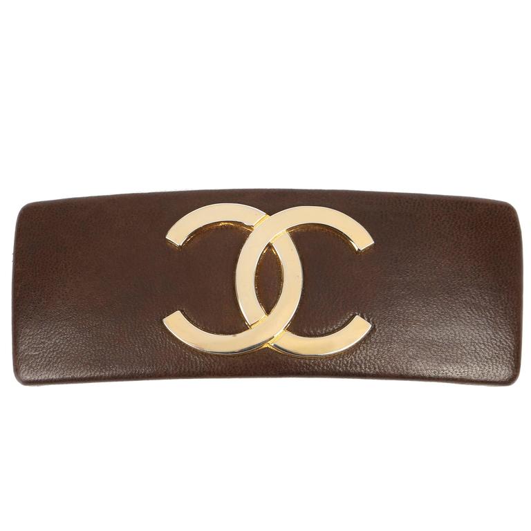 Brown Chanel Logo - CHANEL Brown Leather Gold CC Logo French Classic Hair Clip Barrette ...