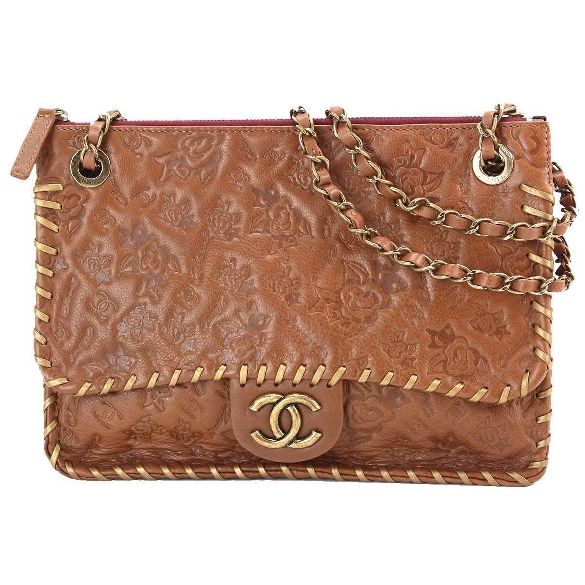 Brown Chanel Logo - CHANEL Logo Embossed Leather Chain Shoulder Bag Camel Brown Purse ...