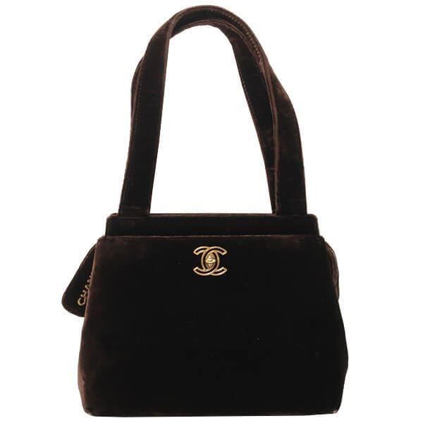 Brown Chanel Logo - Chanel Velor CC Mark Plate Logo Charm Handbag Brown. Open for Vintage