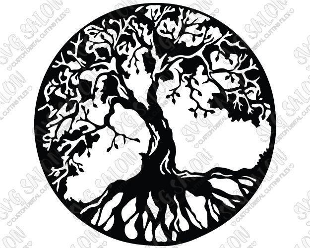 Black and White Tree in Circle Logo - Tree of Life Circle Silhouette Cutting File in SVG, EPS, DXF, JPEG