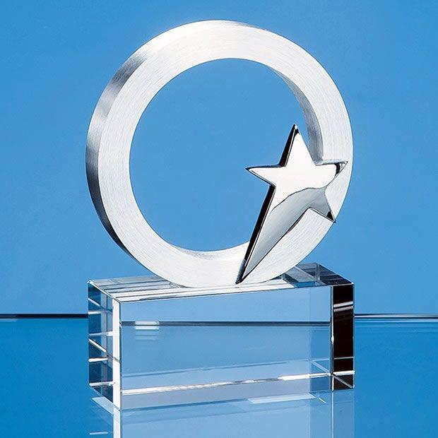Silver Star with Circle Logo - 7.5cm Silver Star & Circle on Optical Crystal Base