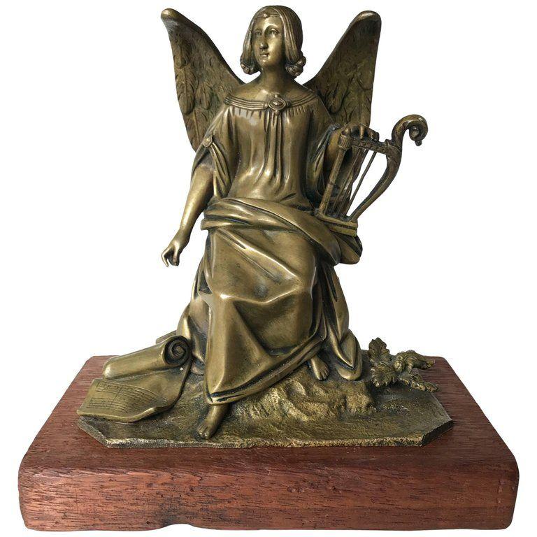Winged Harp Logo - Antique Bronze Winged Angel Sculpture with Harp