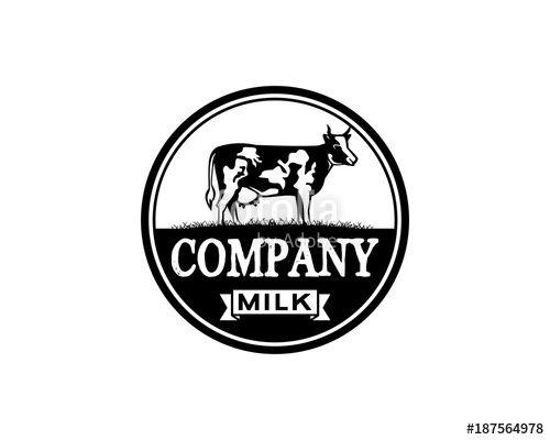 Cow Circle Logo - Vector Black and White Circle Milch Cow on the Grass with Ribbon