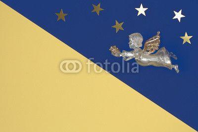 Blue Star with Yellow Background Logo - White angel with golden stars in the hands flies on the night blue