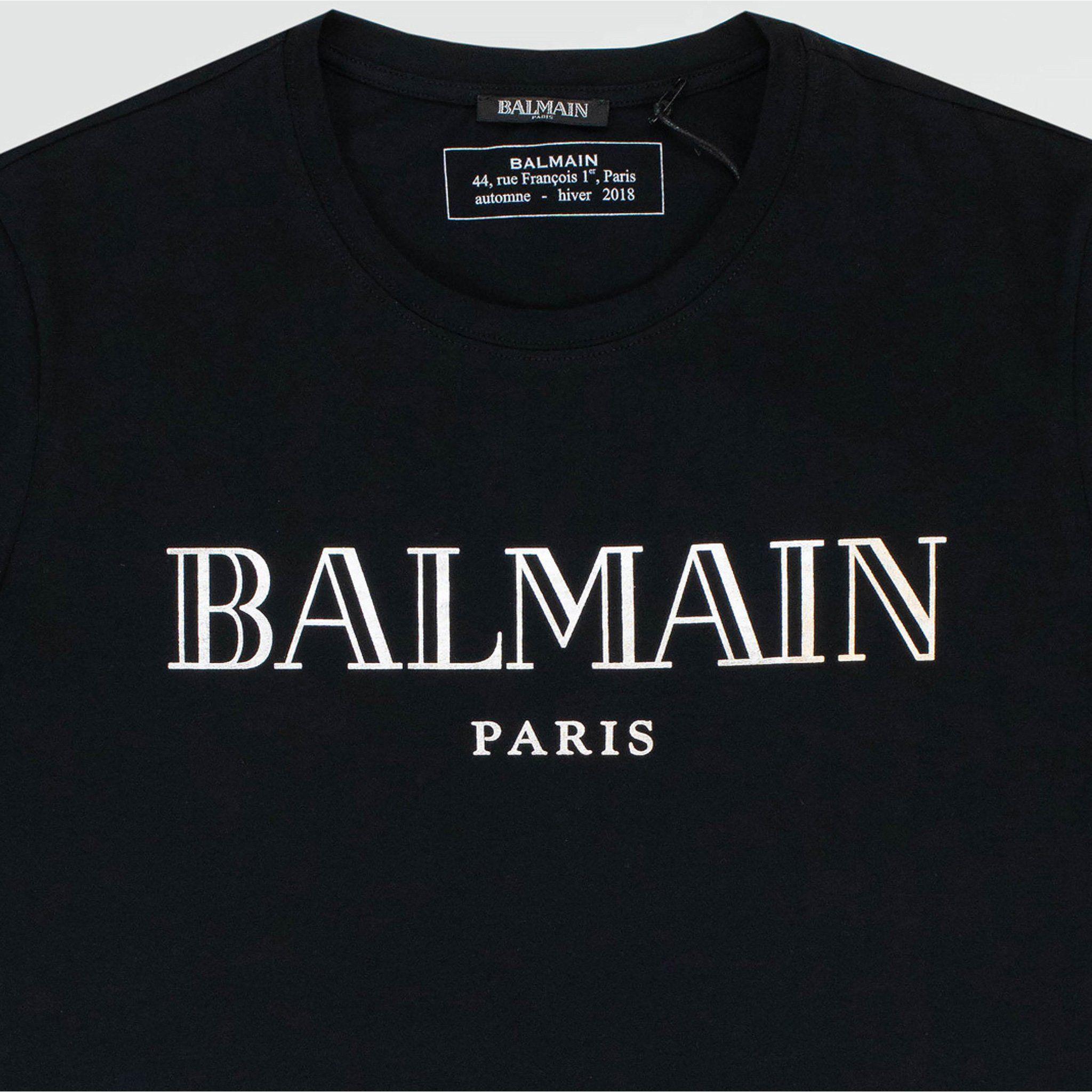 Balmain Paris Logo - Balmain Logo Print T Shirt Black Silver – Crepslocker