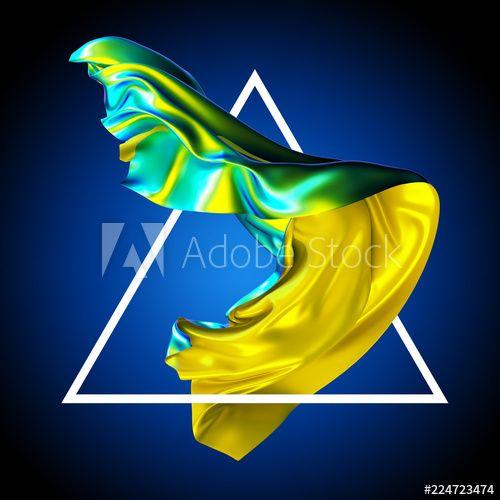 Yellow-Green Flag with Triangle Logo - 3D render, abstract fashion background, iridescent holographic foil